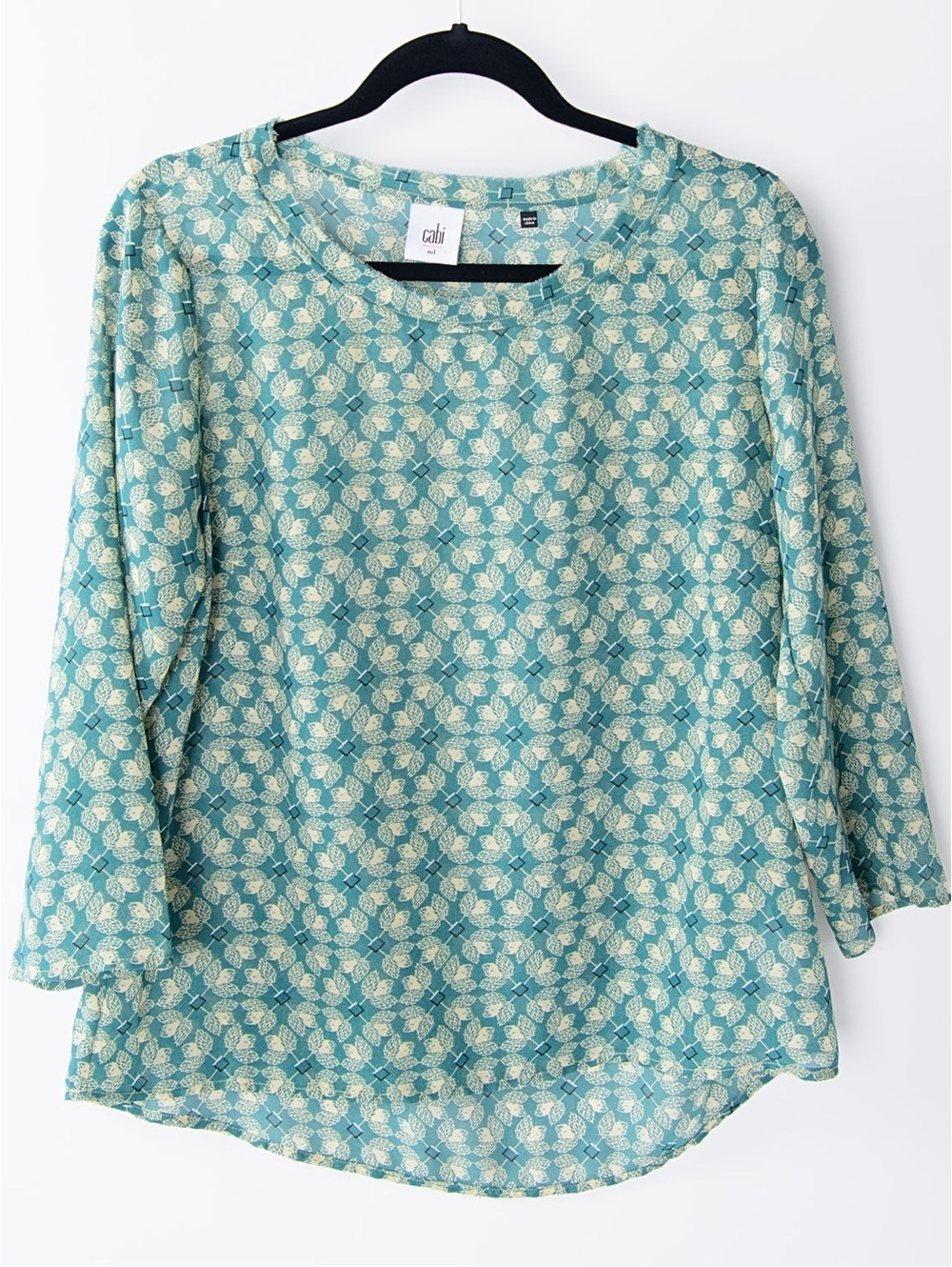 Cabi Medium Aqua Botanical Print Top Frayed Neckline Boho Top M